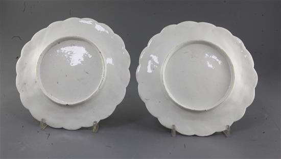 A pair of Derby leaf and basket weave moulded plates, c.1758, d. 21cm, small foot chips